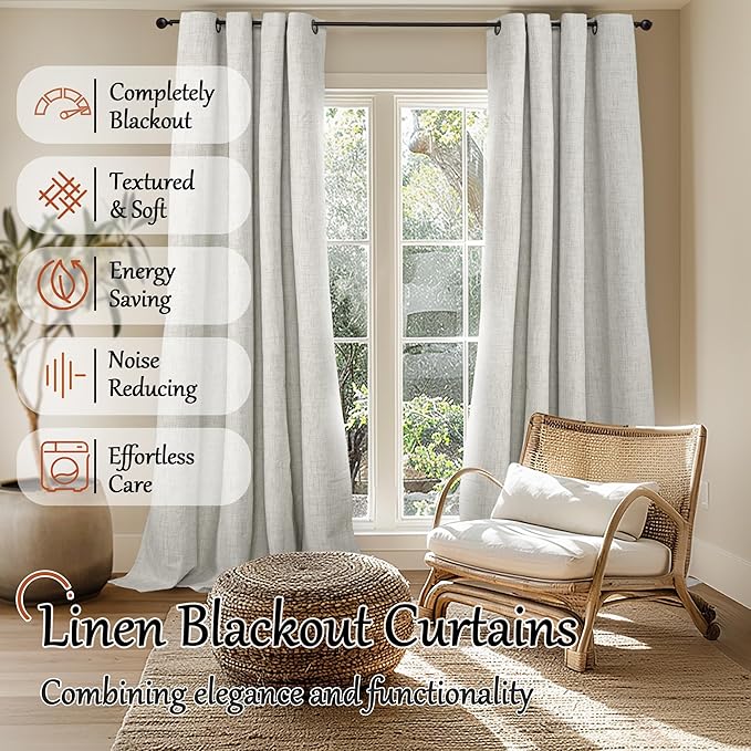 60 Inch Wide Linen Blackout Curtains for Living Room/Bedroom 84 Inch Length 2 Panels, Total Black Out Thermal Insulated Soundproof Grommet Boho Window Drapes for Modern Farmhouse, Light Grey