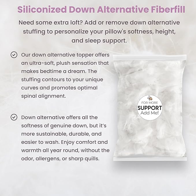 Wife Pillow - Topper, Down Alternative Premium Siliconized Fiberfill - Machine Wash & Dry. Adjustable for Side Sleepers by Zipper Access, Add or Remove Filling for Best Sleeping: Medium Support