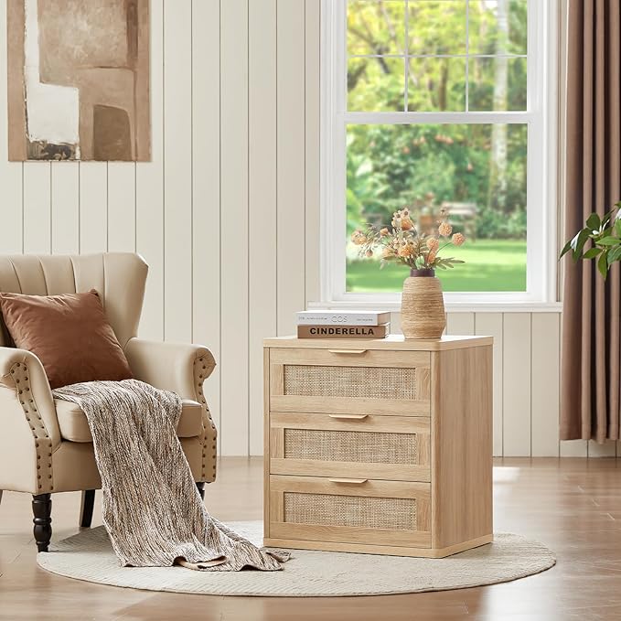 LEYAOYAO Rattan Dresser and Nightstand Sets 3 Piece, Boho Wood Dresser for Bedroom with 6 Drawers and Night Stand with 3 Drawer, Bedroom Furniture, Dressers & Chests of Drawers, Living Room, Hallway