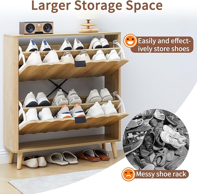 31.5” Fluted Shoe Cabinet Storage with 2 Flip Drawers,Narrow Freestanding Shoe Storage Organizer,Slim Shoe Rack Cabinet for Entryway,Hallway (Natural)