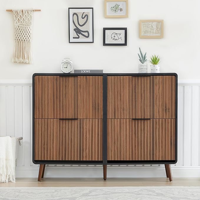 47" Fluted Large Shoe Cabinet with 4 Flip Drawers, Slim Freestanding Shoe Cabinet Organizer, Narrow Shoes Storage Rack for Entryway, 5 Sturdy Legs (Walnut with black, 9.45"D x 47.24"W x 35.83"H)