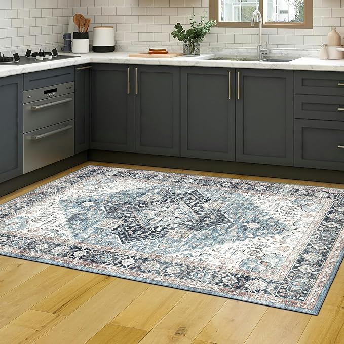 Runner Rug 2×6, Vintage Boho Rug,Ultra-Soft Low Pile, Washable, Non Slip,Stain Resistant Printed Carpet for Hallway Kitchen Living Room Bedrooms Playroom Office, Blue/Navy