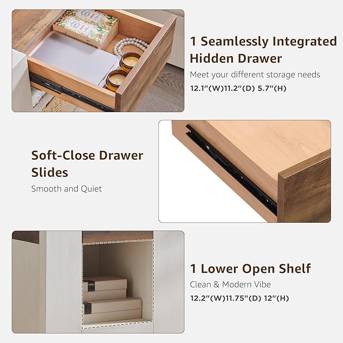 OKD 24'' Modern Nightstands Set of 2, Large Wooden End Table with Charging Station & Drawer & Storage Shelf, Rustic Square Bedside Table for Bedroom, Living Room, Wood Thick Design,Antique White