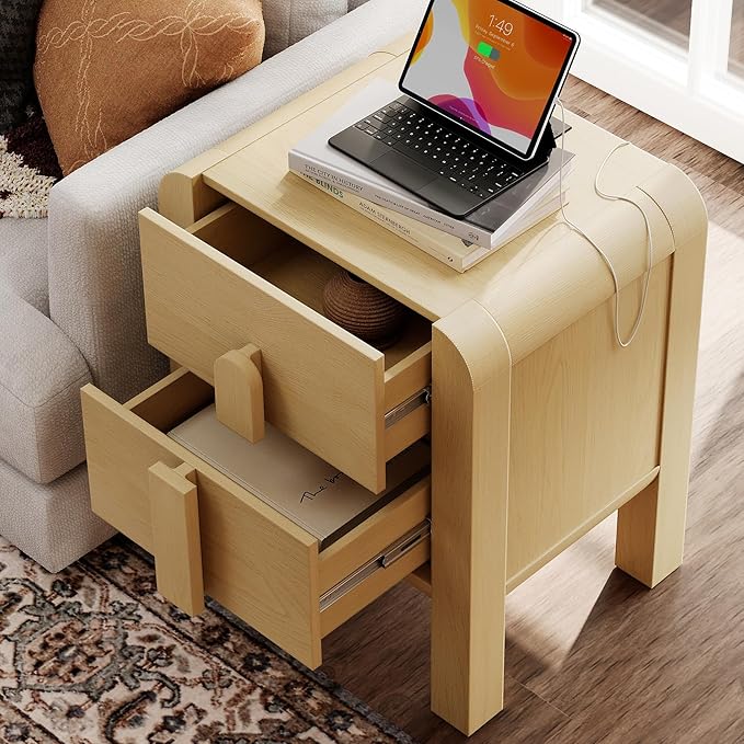 WAMPAT 23.7" Tall Modern Nightstands Set of 2, Wood Nightstand with Charging Station, Bedside Table w/2 Storage Drawers, Curved Profile Design, Sofa Side Table Accent Table for Bedroom, Oak