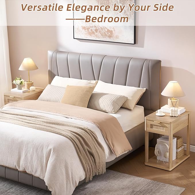LEYAOYAO Narrow Side Table Set 2, 24x14'' Rattan Night Stand with Charging Station Drawer Storage,Natural Wood Bedside End Table for Small Spaces,Boho Nightstand for Living Room Bedroom