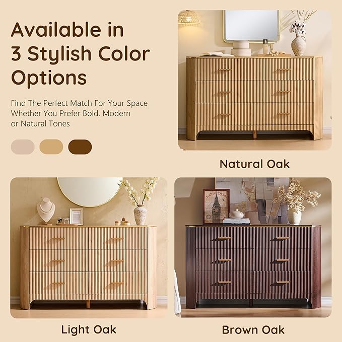 Fluted 6 Drawer Dresser for Bedroom with Curved Profile Design, 53.9 Inch Wide Chest of Drawers, Smooth Glide Storage Cabinet for Living Room, Natural Oak