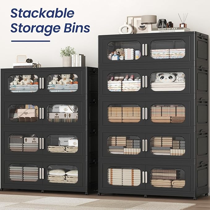 150 Gallon Extra Large Storage Bin with Lid and Wheels, Stackable Collapsible Plastic Storage Box with Door, Foldable Organizer for Closet, Kitchen, Office, Living Room, 3 Pack Black