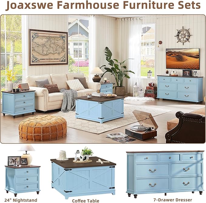 24" Wide Farmhouse Night Stand Set of 2,Large End Table with 3 Drawers & Metal Handle,Light Blue Wood Dresser for Bedroom Cabinet, Bed Side Table Chest of Drawers,Nightstand for Living Room