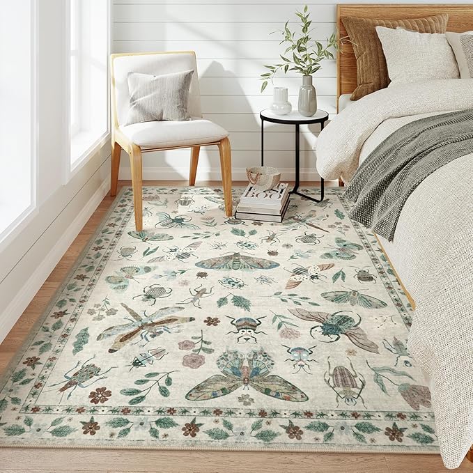 Lahome Insect Print Washable Area Rugs 5x7, Soft Rugs for Living Room Ultra-Thin Non-Shedding Modern Bedroom Rug, Stain Resistant Throw Rug Large Carpet for Dining Room Kids Nursery(5'x7',Beige)