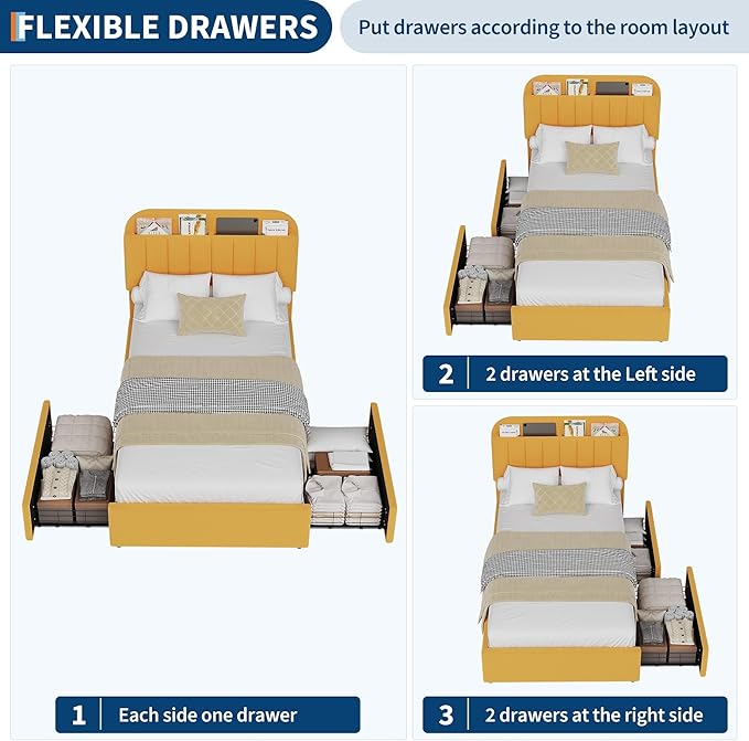 Jojoka Twin Bed Frame with Storage Headboard and 2 Drawers, Boucle Upholstered Platform Bed, Modern Girls Bed Frames for Rooms, No Box Spring Needed, Easy Assembly (Yellow, Twin)