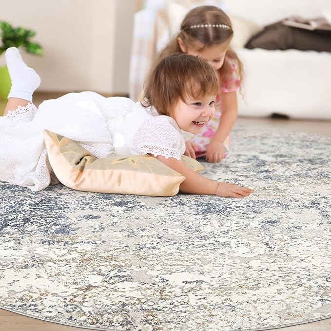 8ft Round Area Rug Living Room Rugs - 8x8 Washable Large Soft Indoor Neutral Modern Abstract Low Pile Rug Carpet for Bedroom Dining Room Farmhouse Home Office - Beige Blue