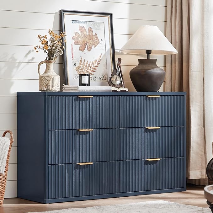 LEYAOYAO Fluted Dresser and Nightstand Sets, Wood 48" Wide Dresser & 23" Night Stand with Charging Station, 2 Piece Bedroom Furniture Set, Chest of Drawers for Bedroom, Home, Living Room,Nave Blue