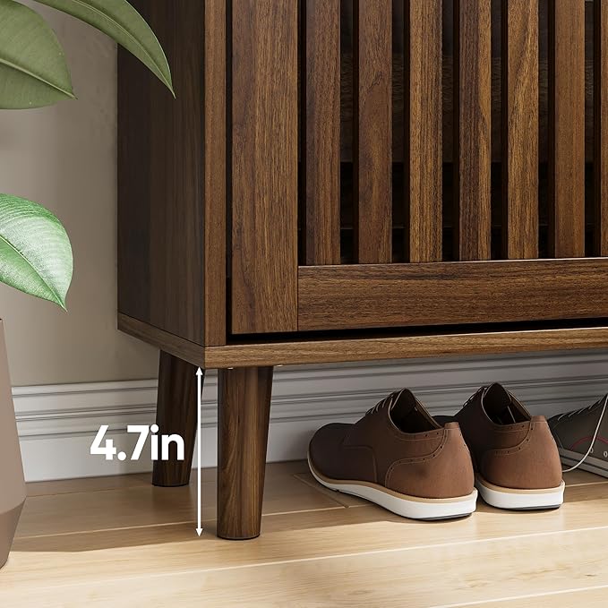 Vibe & Dine 2 Flip Drawer Shoe Cabinet, Narrow Shoe Rack with Gold Handles, Freestanding Shoe Storage Cabinet for Entryway Slim, Wood Shoe Organizer Cabinet for Hallway, Bedroom, Walnut