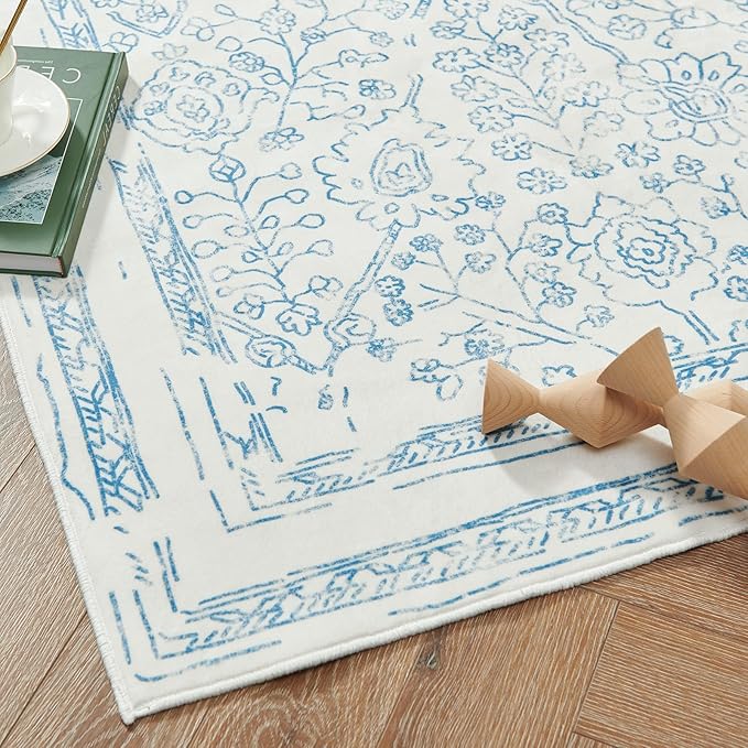jinchan Hallway Runner Rug 2x8 Washable Kitchen Flora Faux Wool Non-Slip with Rubber Backing Soft Thin Vintage Carpet Runner for Bedroom Bathroom Laundry Room Living Room (2x8ft,Blue)