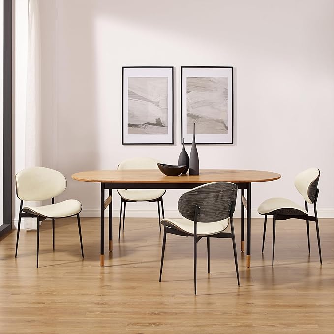 Art Leon Dining Chairs Set of 4, Black Oak Bentwood, Mid Century Modern Chair, Off White Faux Leather Kitchen Dining Room Chairs with Black Metal Legs, Accent Chairs for Bedroom