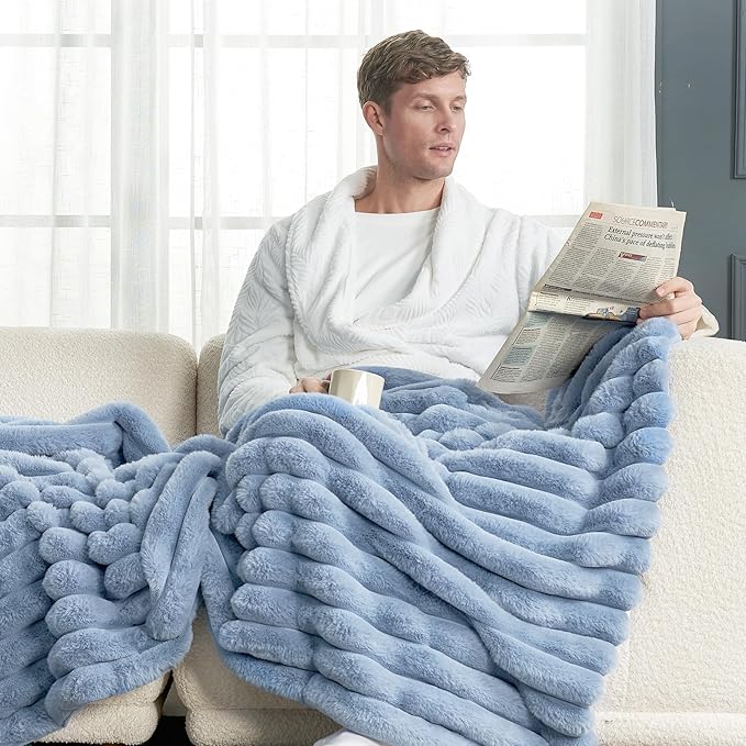 Cozy Bliss Faux Fur Throw Blanket for Couch, Cozy Warm Plush Striped Blanket for Sofa Bedroom Living Room, 60 * 80 Inches Light Blue