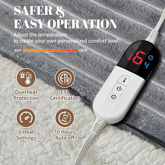 Electric Heated Blanket Full Size - 72"x84" Fast Heating Bed Blankets with 6 Heating Levels & 10 Hours Auto Off, Soft Ribbed Flannel Sherpa, Over-Heated Protection ETL, Light Gray