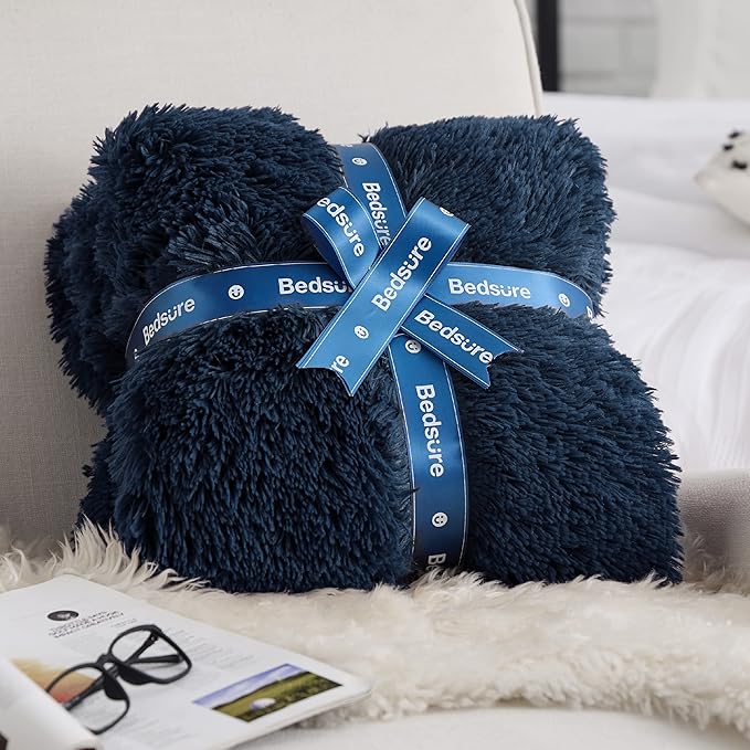 Bedsure GentleSoft Fuzzy Faux Fur Twin Blanket, Navy Blue Cozy Gifts for Men, Soft Sherpa Fleece Plush Warm Minky Thick Blanket Twin Size for Bed, Navy Dorm Decor Blue Gifts for Boys, 60x80