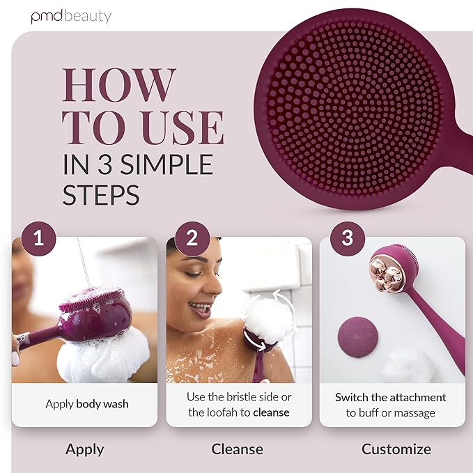 PMD Clean Body - Smart Body Cleansing Device with Silicone Brush & Three Interchangeable Attachments - Waterproof - SonicGlow Vibration - Cleanse, Exfoliate, & Massage Body