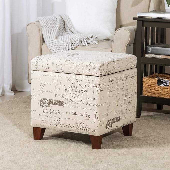Adeco Fabric Script Pattern Cube Storage Footstool, Hinged Lid, Solid Wood Legs, 18" Height Ottomans & Storage Ottomans, Cream White