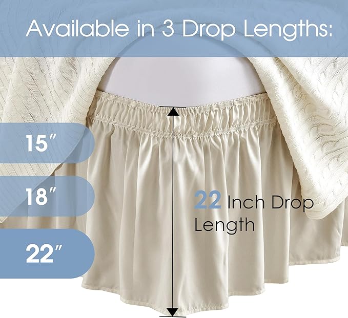 FreshCulture Elastic Wrap Around Bed Skirt - Easy Fit with 22-Inch Tailored Drop, Hotel Quality Dust Ruffle for Full Size Bed (Cream)