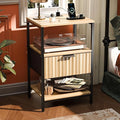 VINGLI Night Stand with Charging Station, Fluted Nightstand with Fabric Drawer, Bed Side Table/End Table for Bedroom, Dorm, 14.96" W*11.81" D*23.7" H