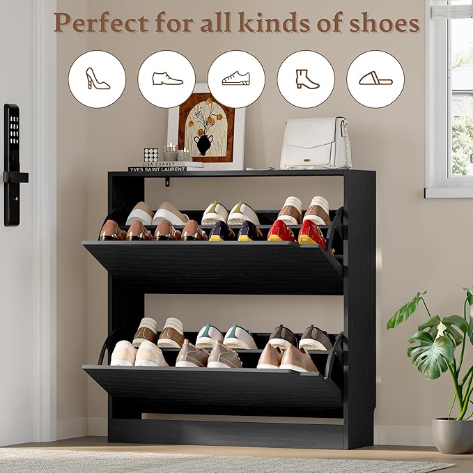 Shoe Cabinet with 2 Flip Drawers, Slim Narrow Shoe Storage Cabinet, Freestanding Shoe Organizer with Adjustable & Removable Shelves, Top Display Shelf for Entryway, Hallway, Foyer, Closet