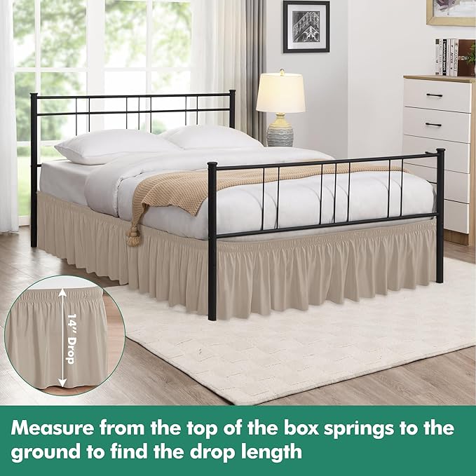 Biscaynebay Wrap Around Bed Skirts with Split Corners for King Beds 14" Drop, Light Camel Elastic Dust Ruffles Adjustable Easy Fit Wrinkle & Fade Resistant Silky Luxurious Fabric Machine Washable