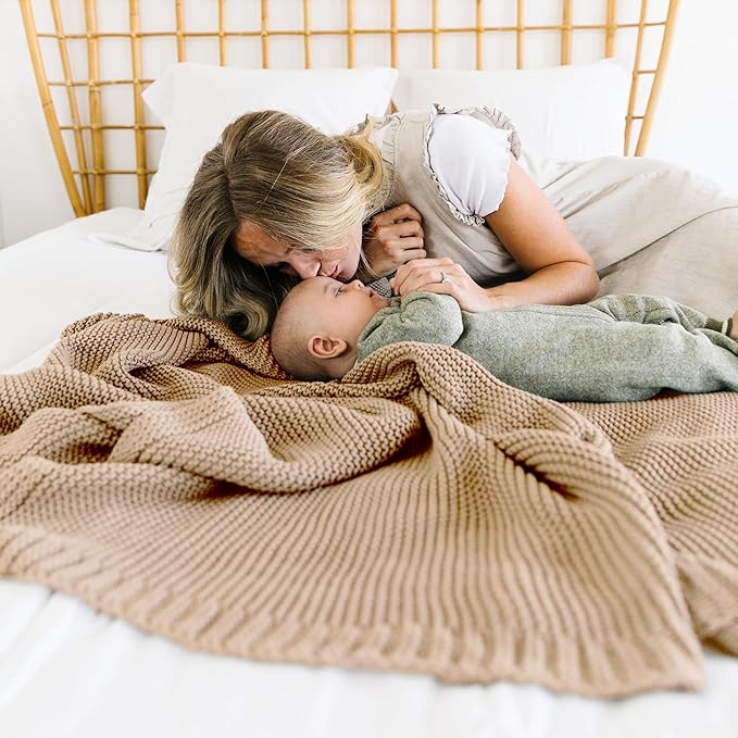 MakeMake Organics Organic Cotton Throw Blanket GOTS Certified Organic Knit Blanket Couch Bed Neutral Fall Colors Soft Cotton Throw Blanket Large (50x60, Sand)