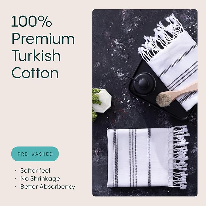 WETCAT Turkish Hand Towels with Hanging Loop, Set of 2 (20" x 30") 100% Turkish Cotton, Pre-Washed, Quick Drying, for Kitchen or Bathroom - Black & White