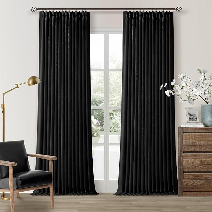 Black Blackout Pinch Pleated Linen Curtains 105 Inches Long for Living Room 2 Panels Thermal Insulted Dual Layer Drapes Ceiling Floor Back Tab 105 Inch Window Curtains Bedroom Sliding Glass Door