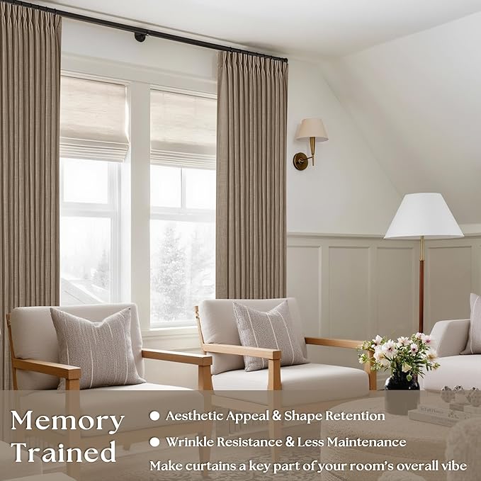 Pleated Linen Curtains 96 Inches Long for Living Room 2 Panel Set Semi Sheer Light Filtering Pinch Pleat with Rings Hooks Drapes Boho Farmhouse Rustic Light Brown Tan Latte Curtain Bedroom Window