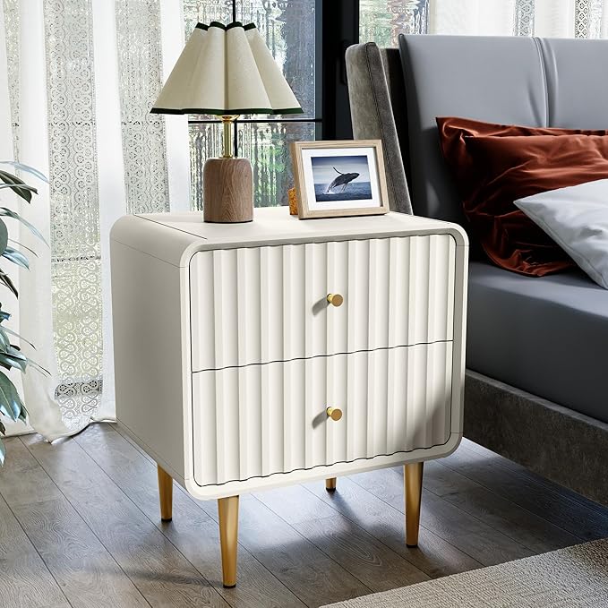 HLR Modern Nightstand, Fluted Bed Side Table with 2 Drawers Storage, Wood End Table with Gold Metal Handle, White Night Stands for Bedroom