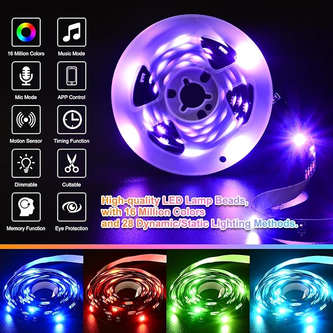 Motion Sensor LED Light Strip Indoor 9.84ft/3M, Under Bed Lights RGB Color Changing | Music Sync | App & Remote Control | USB 5V Dimmable | Night Lights for Bedroom, Stair, Cabinet Decor Decor