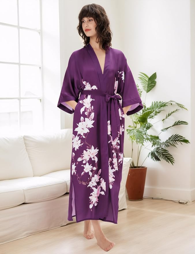 BABEYOND Kimono Robe Cover up with Box Long Floral Satin Sleepwear Silky Bathrobe Bachelorette Robe