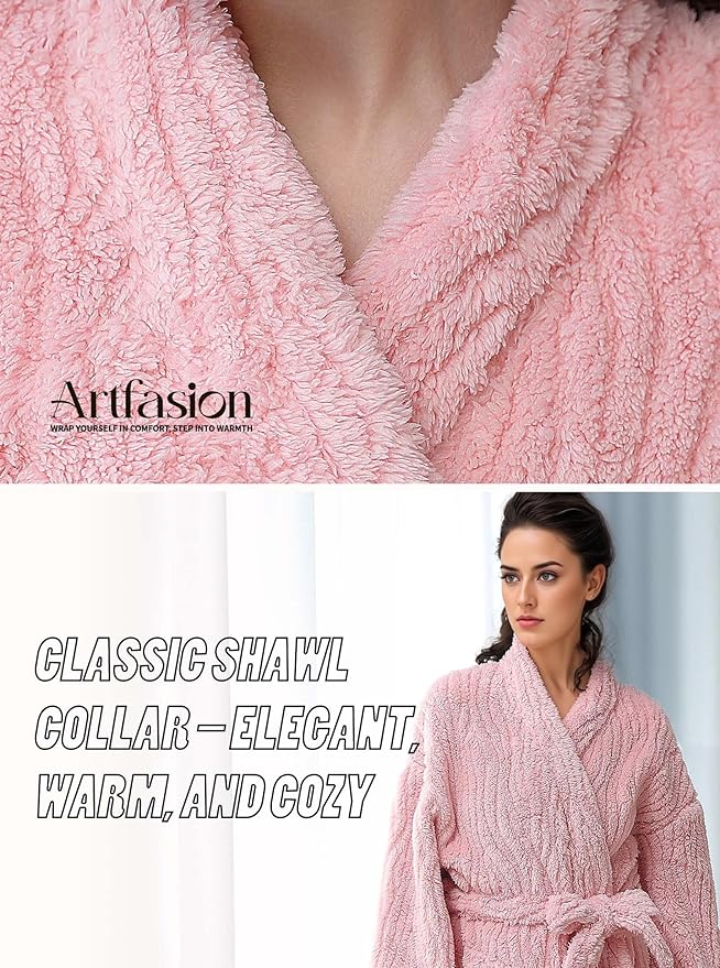 Artfasion Womens Long Fleece Robe - Warm Soft Floor Length Flannel Bathrobes for Winter Thicker Long House Coat with Pockets
