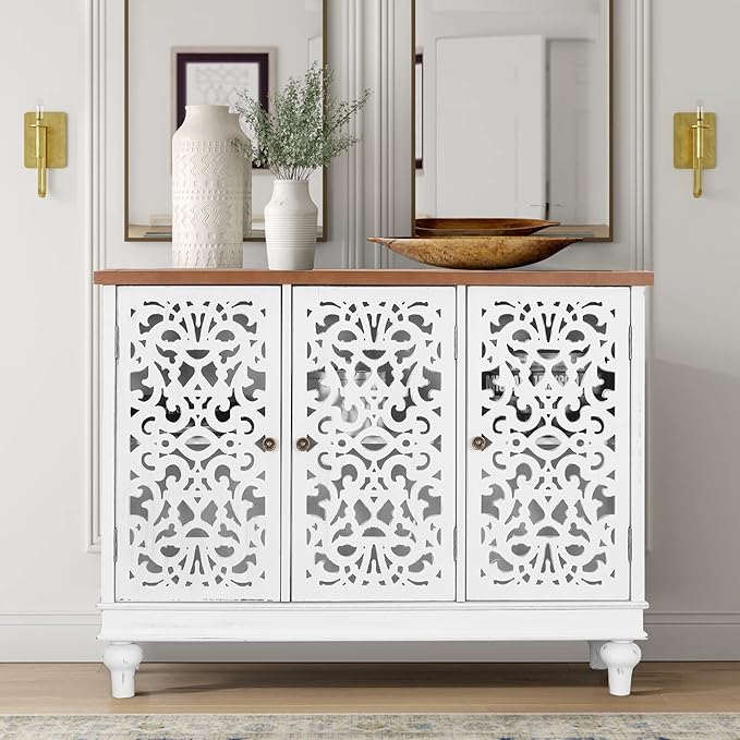 PHI VILLA White Accent Cabinet with Doors, Farmhouse Credenza Cabinets for Living Room, Sideboard Buffet Cabinet with Storage