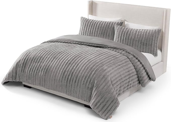 UGG King Comforter Set with 2 Pillow Shams Plush Faux Fur Bedding Soft Warm Down Alternative Comforter Washable Hypoallergenic Fluffy Blanket Set for Bedroom, California/King Size, Grey (Kenzie)