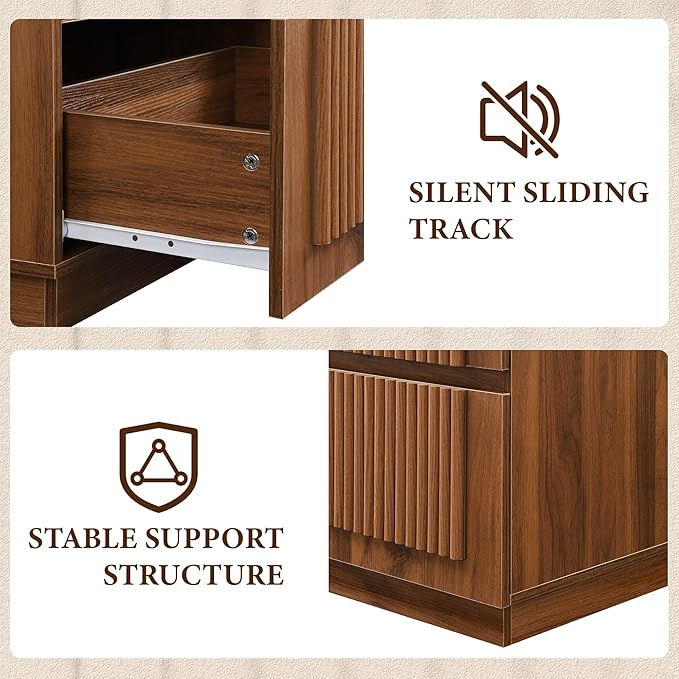 Yechen Nightstand with Drawers, Modern Arched Reeded Wood Nightstand with Charging Station, Wooden Night Stand with Storage,Bedside End Tables for Bedroom, Walnut