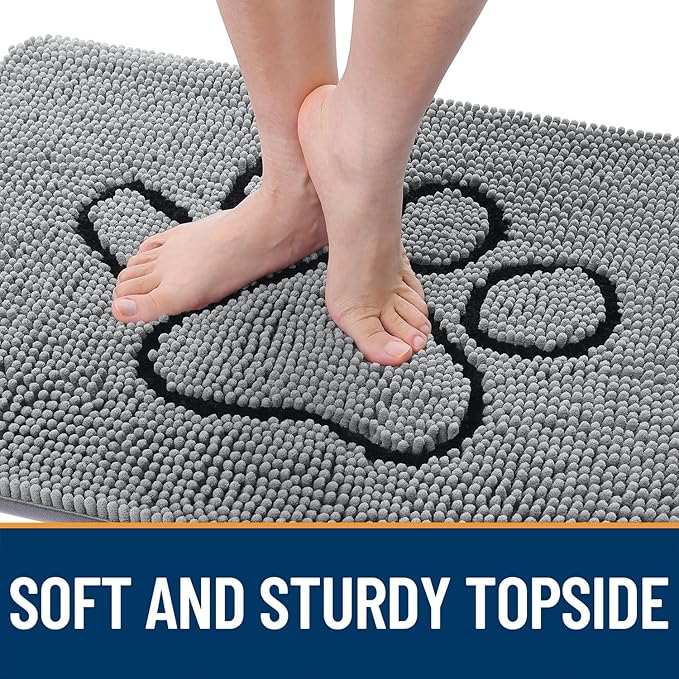 OLANLY Dog Door Mat for Muddy Paws 40x32, Paw Print Design, Absorbs Moisture and Dirt, Absorbent Non-Slip Washable Doormat, Quick Dry Chenille Mud Mat for Dogs, Entry Indoor Entryway Carpet, Grey