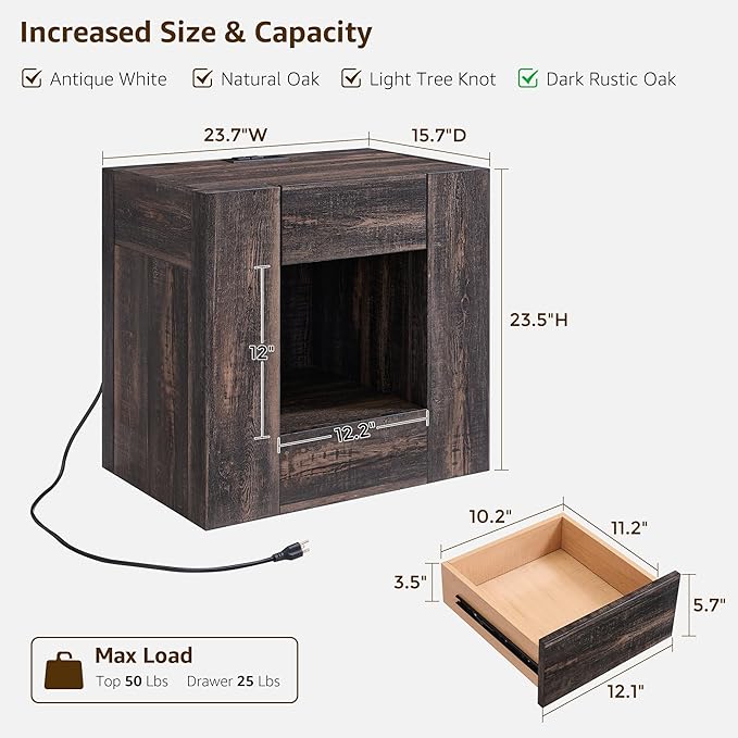 OKD 24'' Modern Nightstands Set of 2, Large Wooden End Table with Charging Station & Drawer & Storage Shelf, Rustic Square Bedside Table for Bedroom, Living Room, Wood Thick Design,Dark Rustic Oak