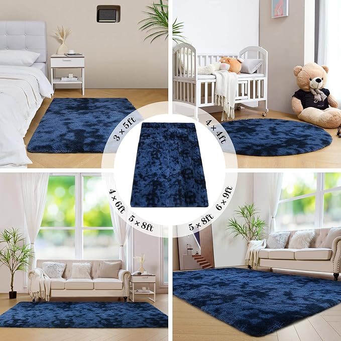 duduta Navy Blue Fluffy Round Rug 4x4 ft, Tie-Dyed Shag Fuzzy Plush Circle Throw Rug for Nursery Bedroom Living Room Home Decor