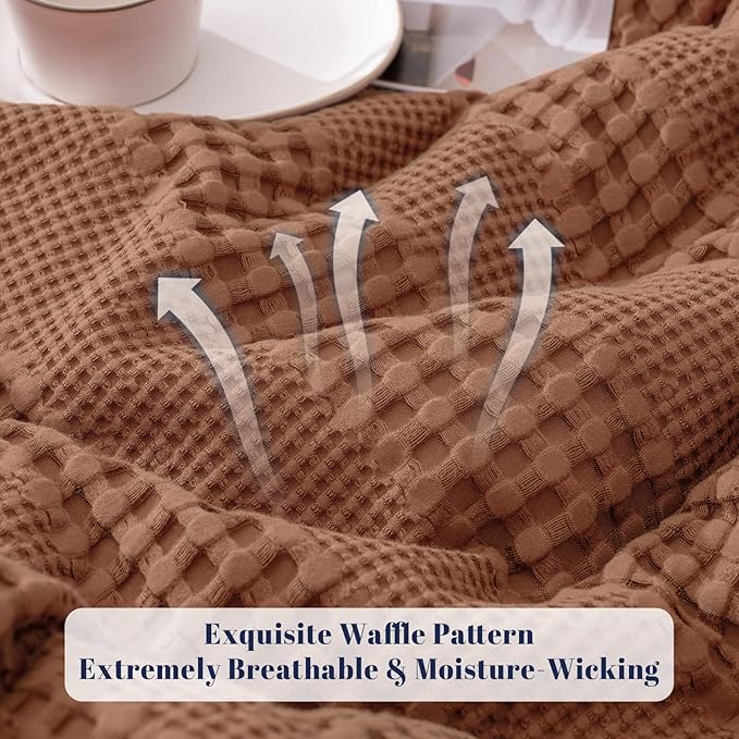 PHF Cooling Waffle Blanket Queen Size,Lightweight 60% Rayon Derived from Bamboo & 40% Cotton Breathable Blanket for Hot Sleepers, Soft and Luxury for Bed Couch and Sofa, 90"x90", Burnt Umber