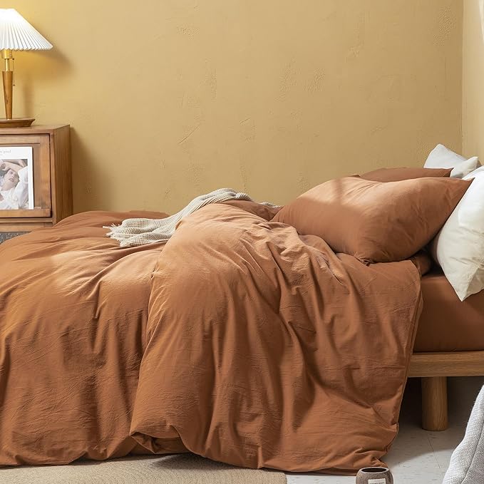 FOSSA Duvet Cover Set 100% Washed Cotton Linen Feel Super Soft Breathable Cozy 3 Pieces Bedding Sets Solid Dark Orange Oversized King Plus