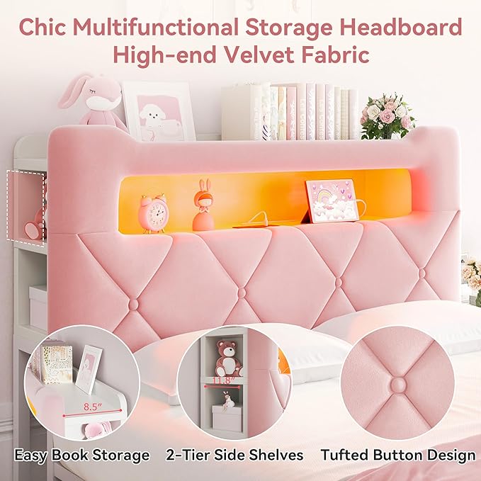 Full Upholstered LED Bed Frame with 2 Storage Drawers and 2-Tier Storage Headboard, Velvet Princess Platform Bed with Charging Station & Bookcase, Heavy Duty Metal Support, No Box Spring Needed, Pink