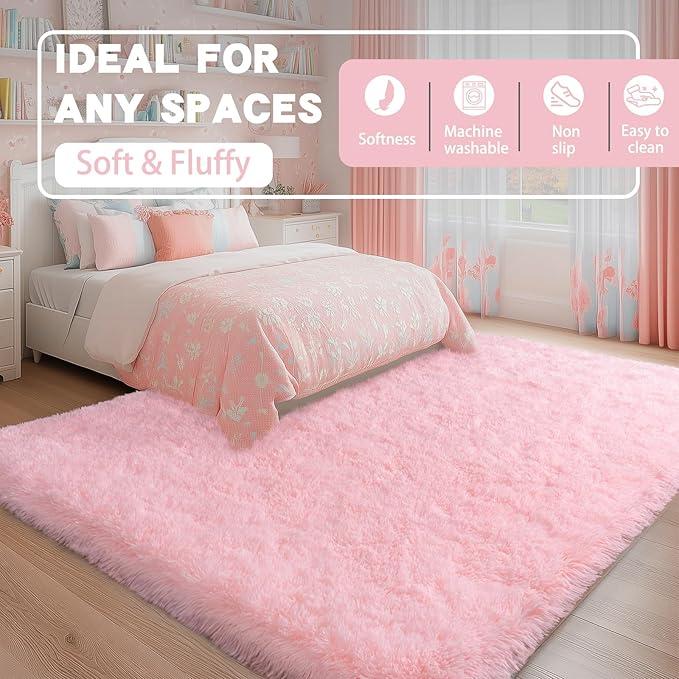 8x10 Area Rugs for Living Room, Large Pink Fluffy Rugs for Bedroom Girls Kids Room Dorm Home Decor, Soft Fuzzy Shaggy Shag Carpet Rug