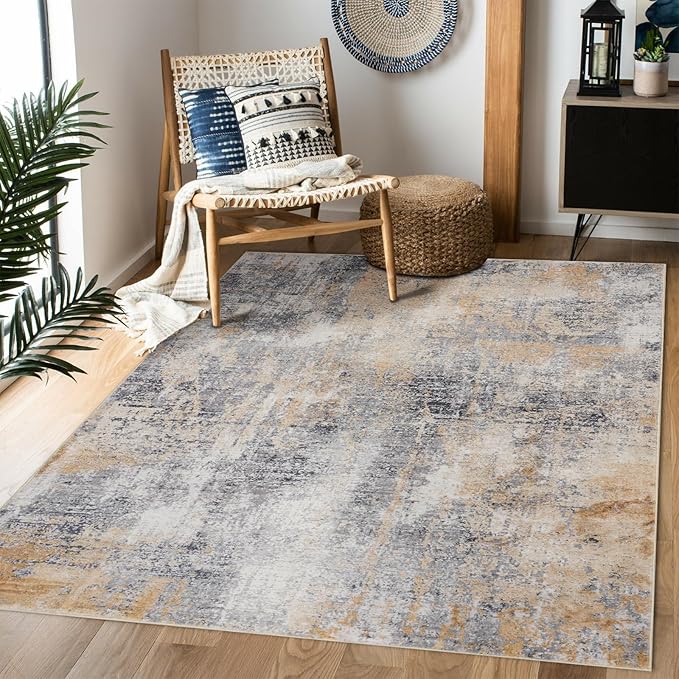 Area Rug 5×7, Vintage Boho Rug,Ultra-Soft Low Pile, Washable, Non Slip,Stain Resistant Printed Carpet for Living Room Bedrooms Playroom Office Kitchen, Gold/Grey