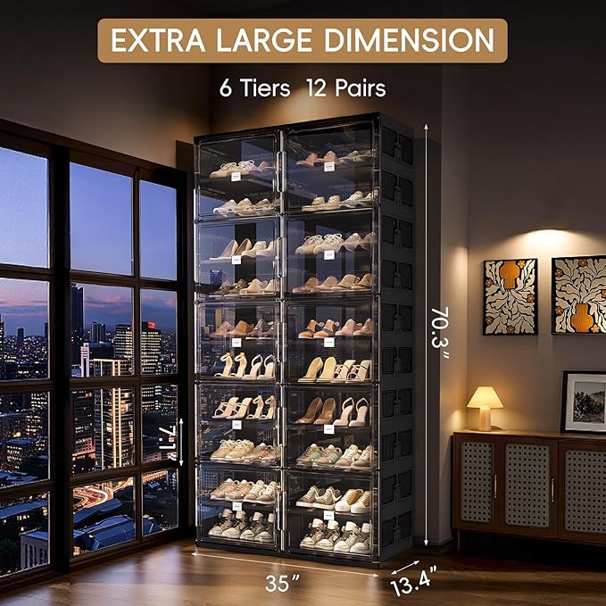 JEKO&JEKO 10-Tier Foldable Shoe Storage Cabinet with Magnetic Doors, Large Stackable Shoe Organizer Cabinet for Entryway, Clear Front Door Shoe Boxes Hold Up to 40 Pairs (Black)
