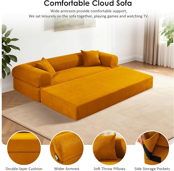80" Convertible Sofa Bed, Corduroy Deep Seat Folding Pull Out Couch with Pillows, No Assembly Modern Boneless Couch Compression Sofa in Box, Floor Sofa with Storage Pocket for Living Room,Yellow
