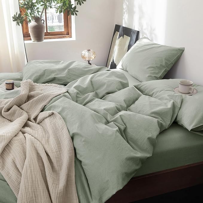 FOSSA Duvet Cover Set 100% Washed Cotton Linen Feel Super Soft Breathable Cozy 3 Pieces Bedding Sets Solid Sage Green Super King